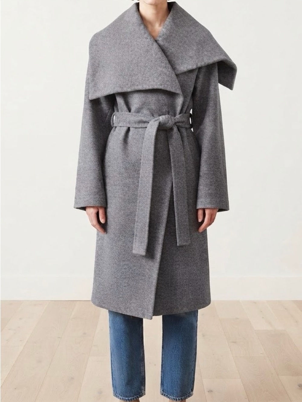Shinestar Gray Heathered Oversized Lapel Trench Coat Belted Long Jacket Sz L EUC
